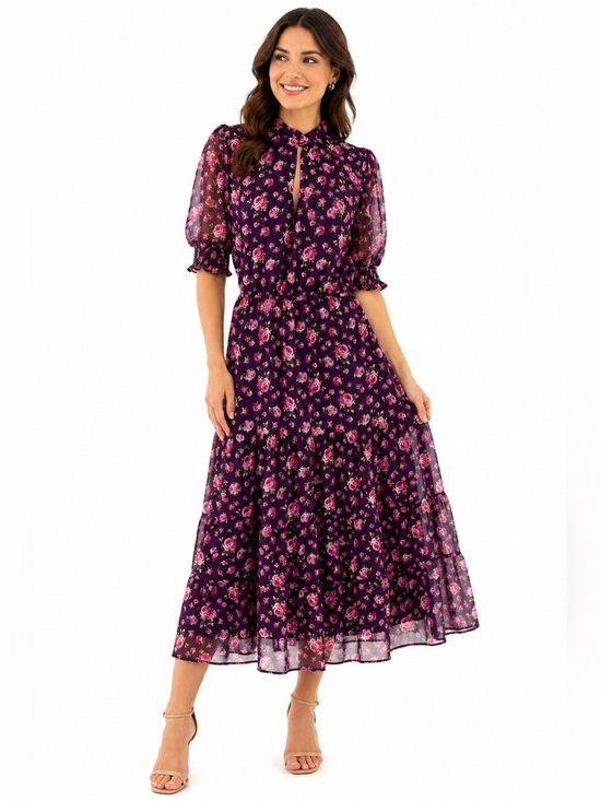 Betsey Johnson Dresses & Skirts - Betsey Johnson Floral Keyhole Midi Dress in Deep Purple with Pink Roses Small